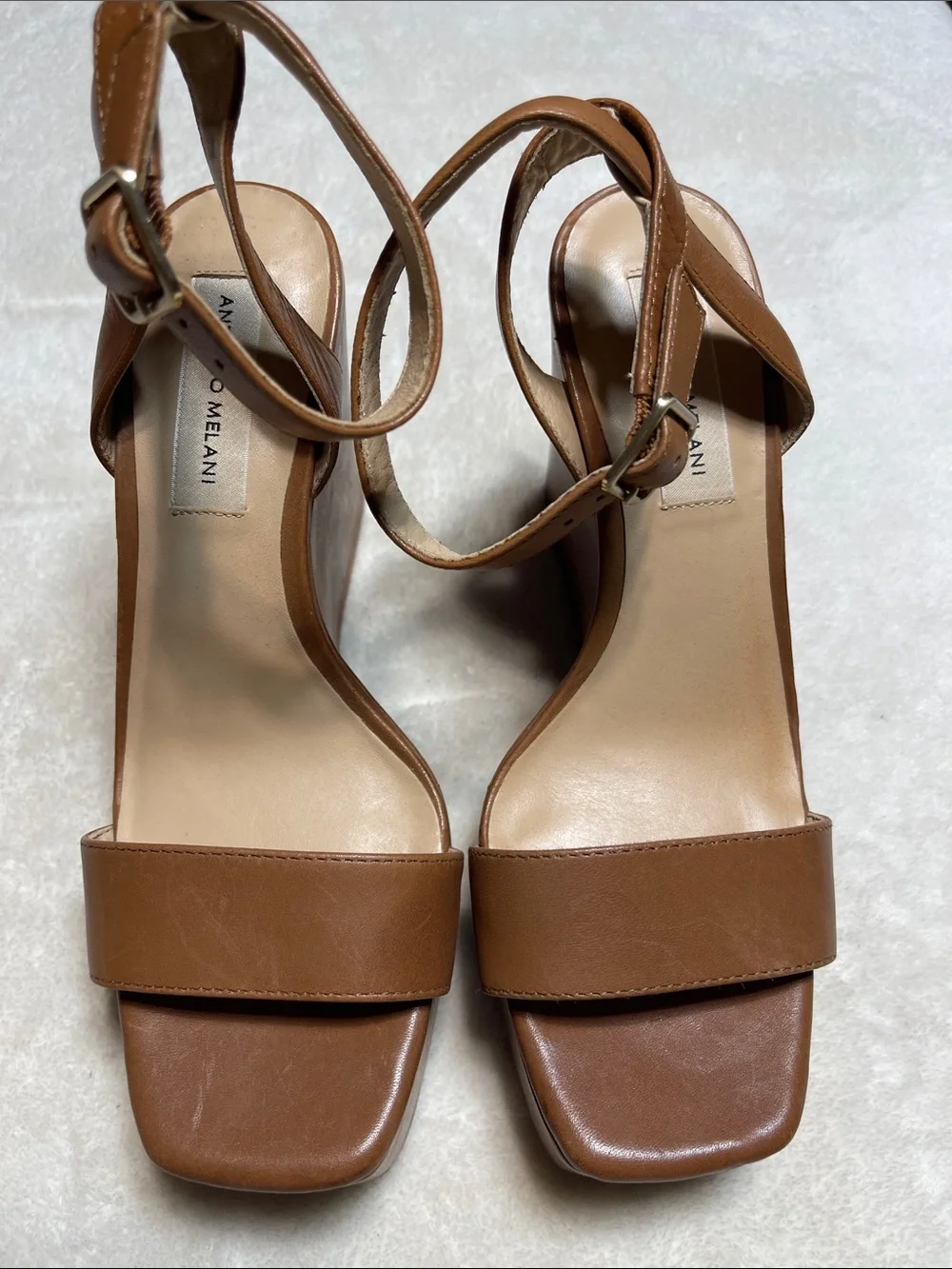 ANTONIO MELANI Tan Leather Platform Wedge Sandals with Slingback Ankle Strap Sz6